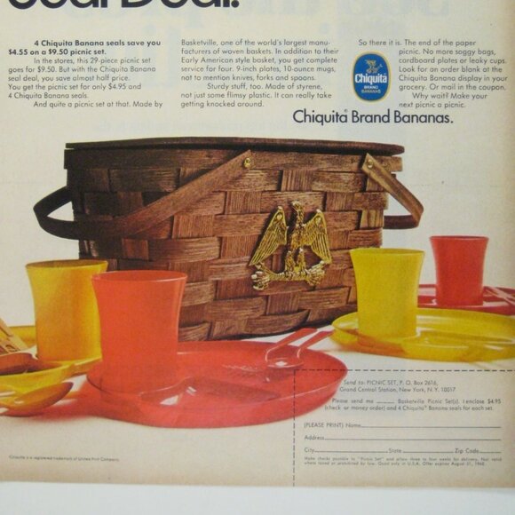 Vintage Chiquita Banana Seal Picnic Basket Ad Print 1960s Eagle MOD Home Decor - Picture 2 of 2